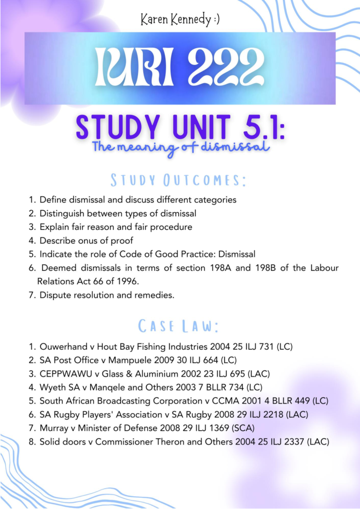 Labour Law Notes (LRA) on Dismissal and Fair Procedures - Studocu