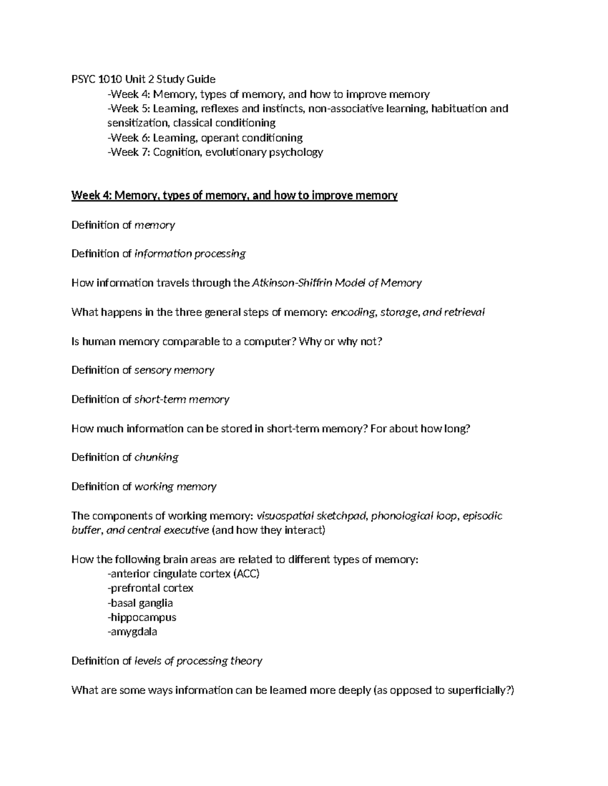 PSYC 1010 Unit 2 Study Guide: Key Concepts in Memory & Learning - Studocu