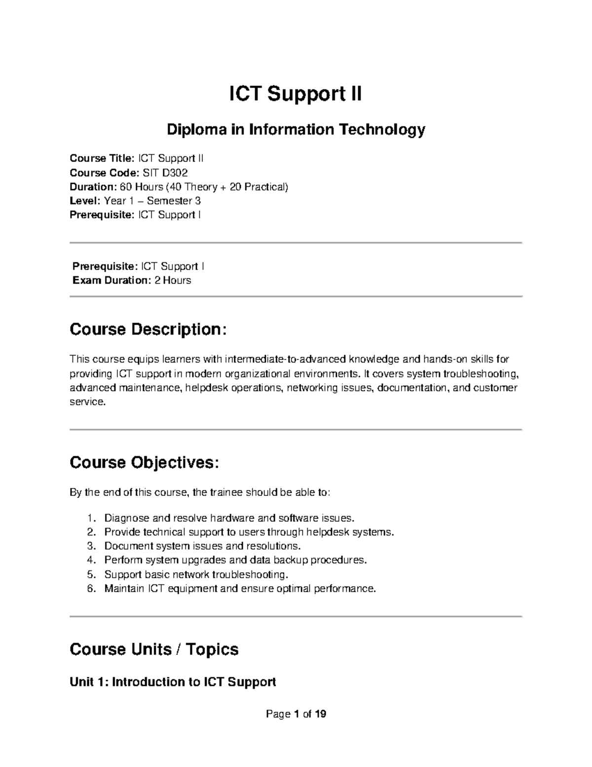 ICT Support II Notes - SIT D302 Diploma in IT - Studocu