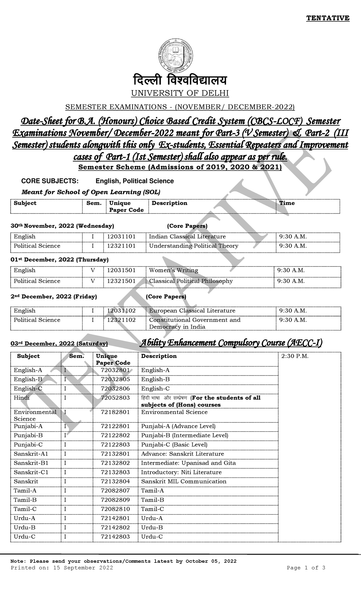 BA.Hons. 22-SEM - Hlooo - Note: Please send your observations/Comments ...