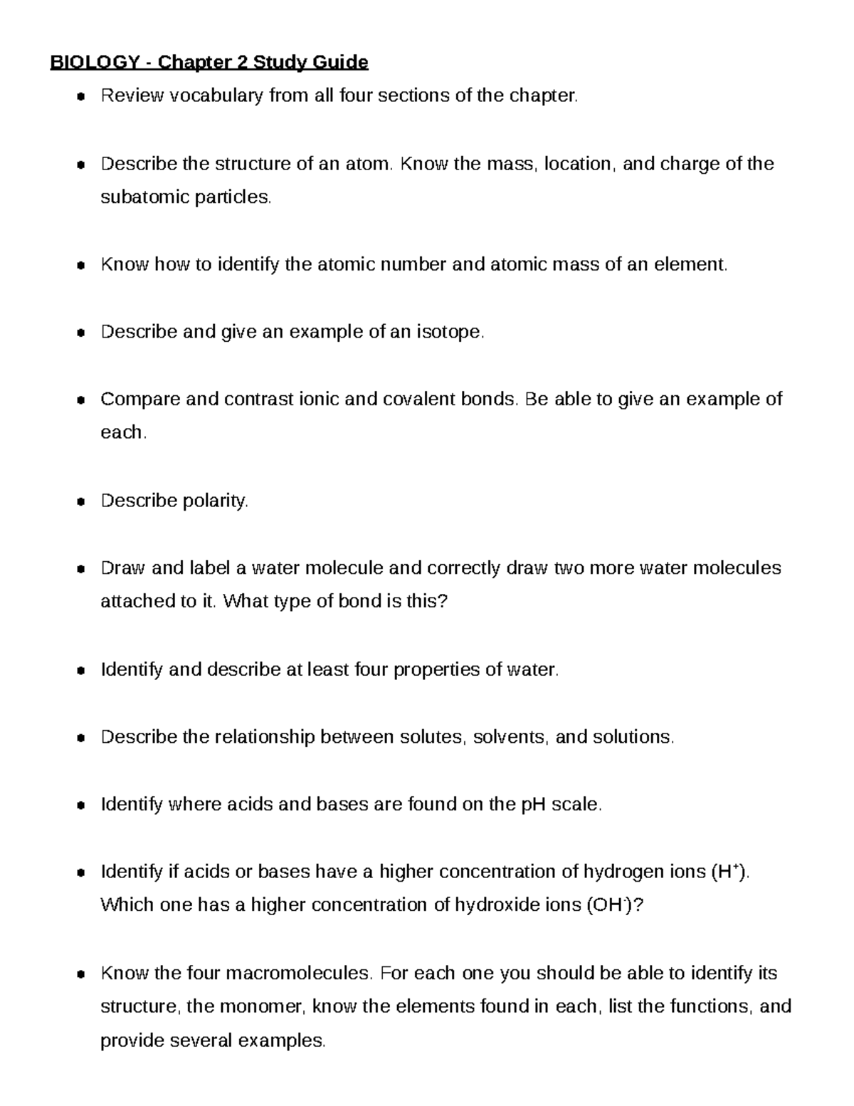 BIO101 - Chapter 2 Study Guide: Atoms, Bonds, and Macromolecules - Studocu
