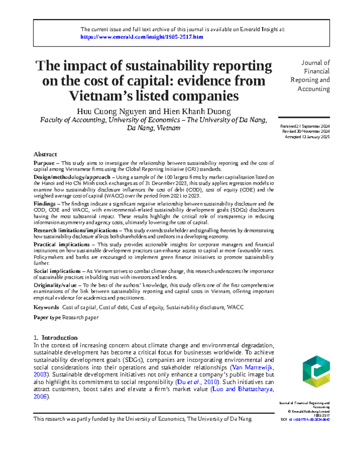 The Impact of Sustainability Reporting on Cost of Capital: Evidence ...