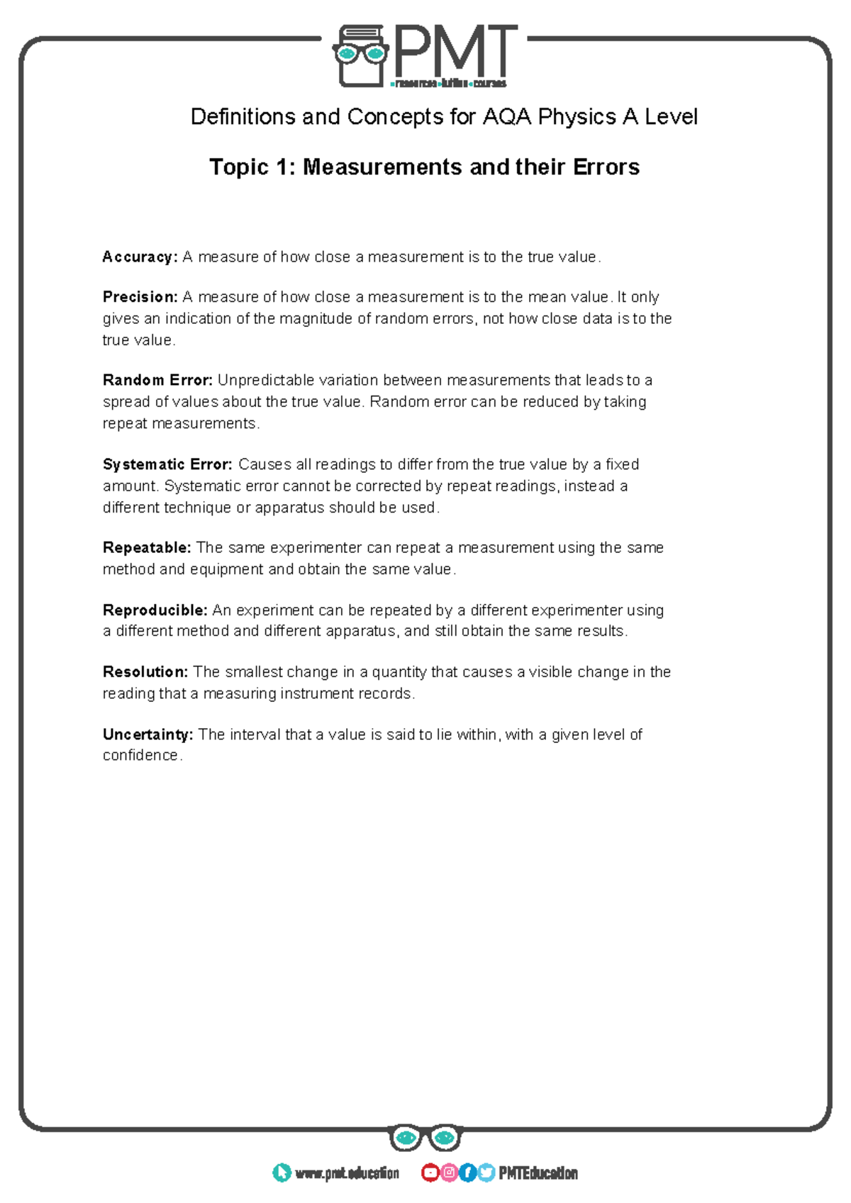 Definitions Topic 1 Measurements And Their Errors Aqa Physics A