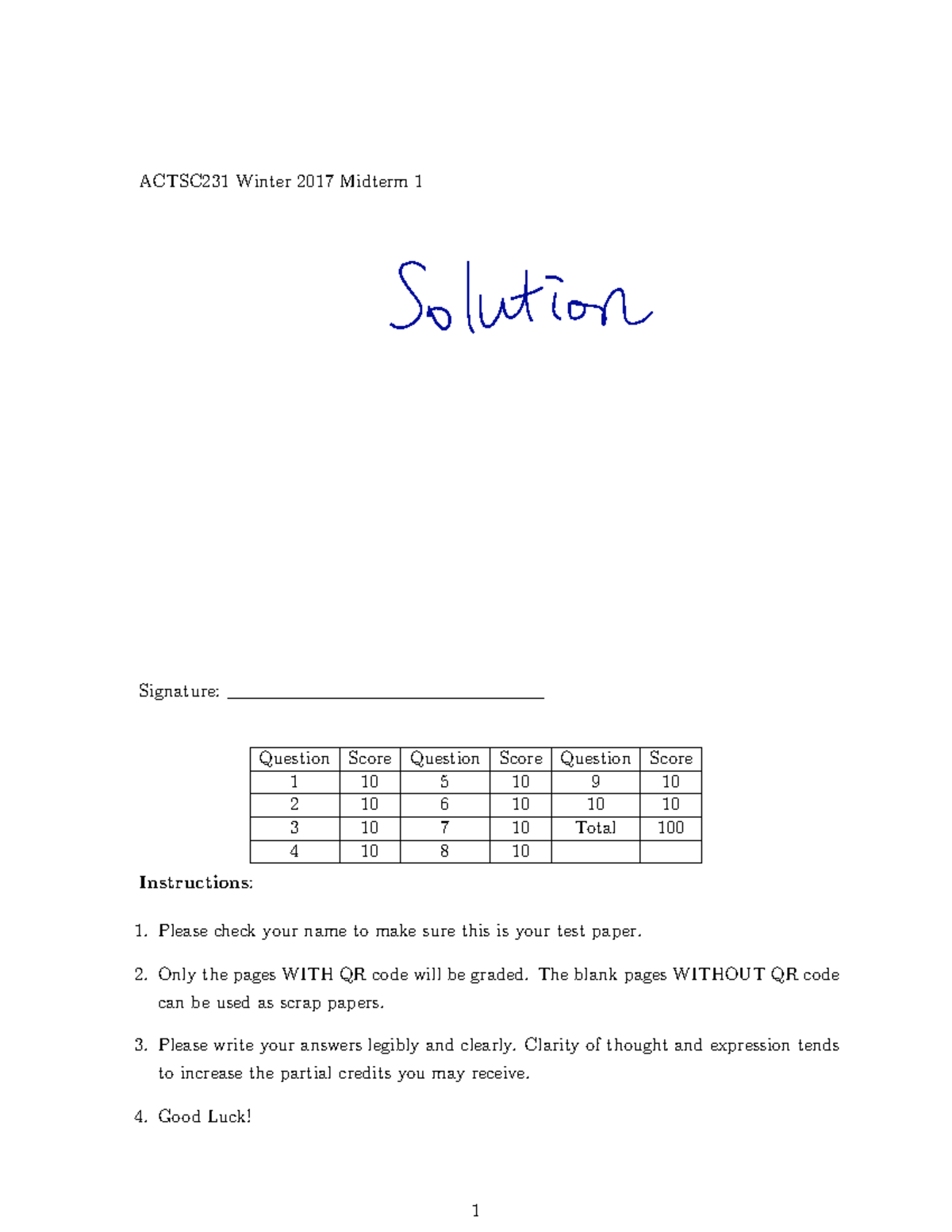 Midterm Winter 2017, questions and answers - ACTSC231 Winter 2017 ...