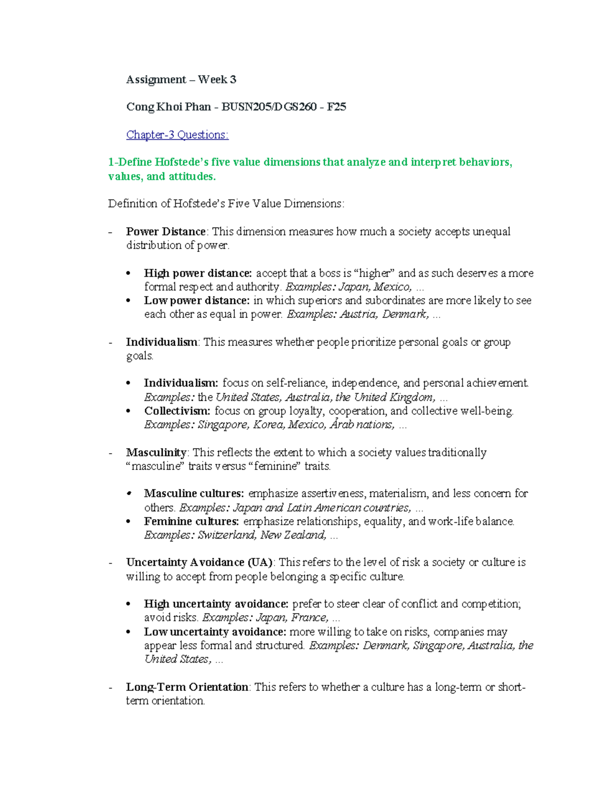 Assignment Week 3: Five Value Dimensions Analysis - BUSN205 - Studocu