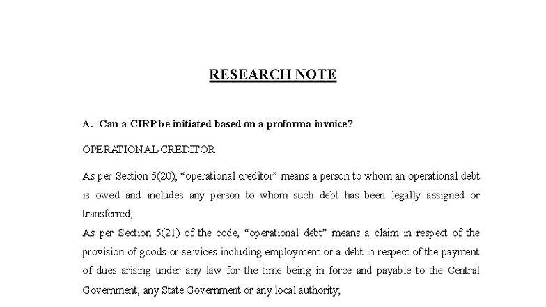 Research Note: Can a CIRP Be Initiated on a Proforma Invoice? - Studocu