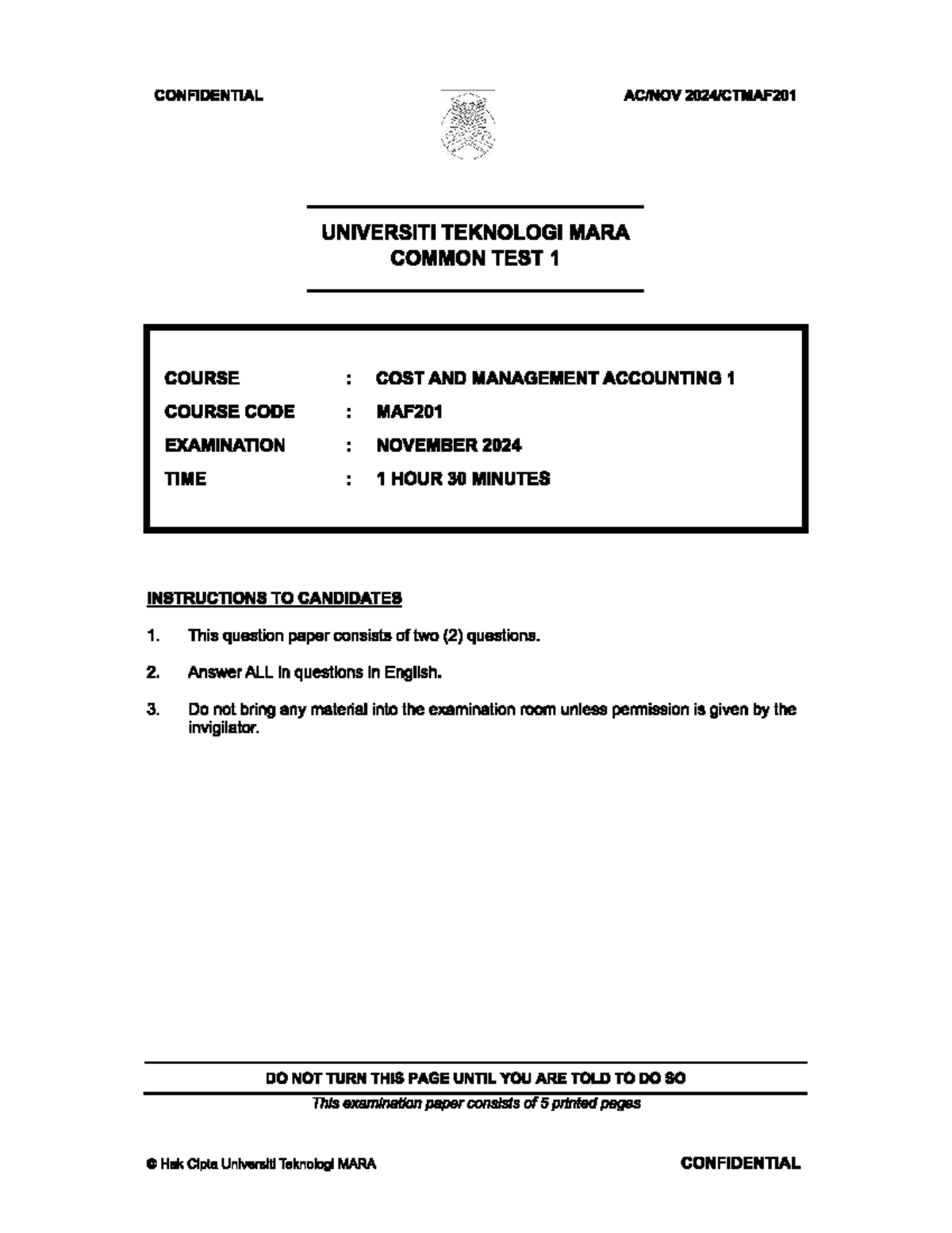 MAF201 Common Test 1: Cost & Management Accounting - Nov 2024 - Studocu