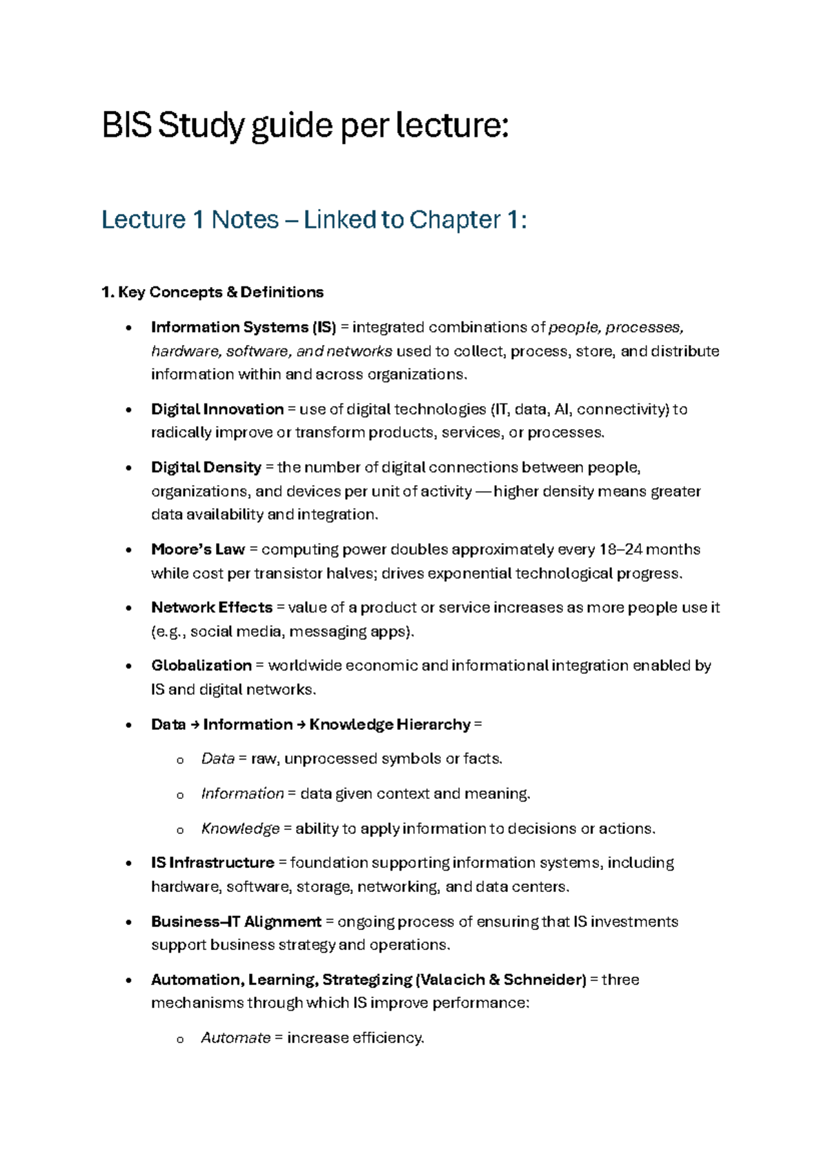 BIS 101 Lecture 1 Study Guide: Key Concepts & Digital Innovation ...