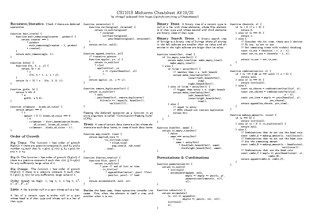 CS1101S Midterm Cheatsheet: Recursion, Trees, and Combinations - Studocu