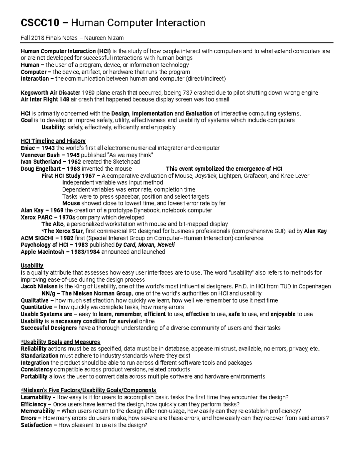 CSCC10 Human-Computer Interaction Fall 2018 Final Exam Notes - Studocu