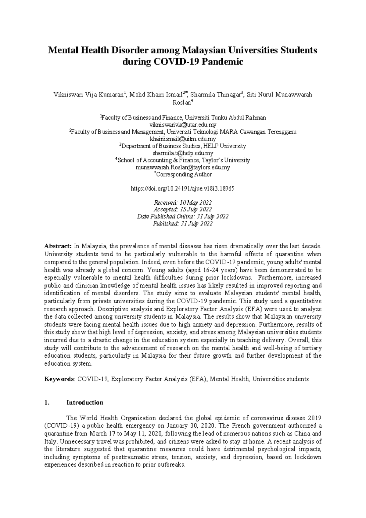 Mental Health Disorders Among Malaysian University Students During ...