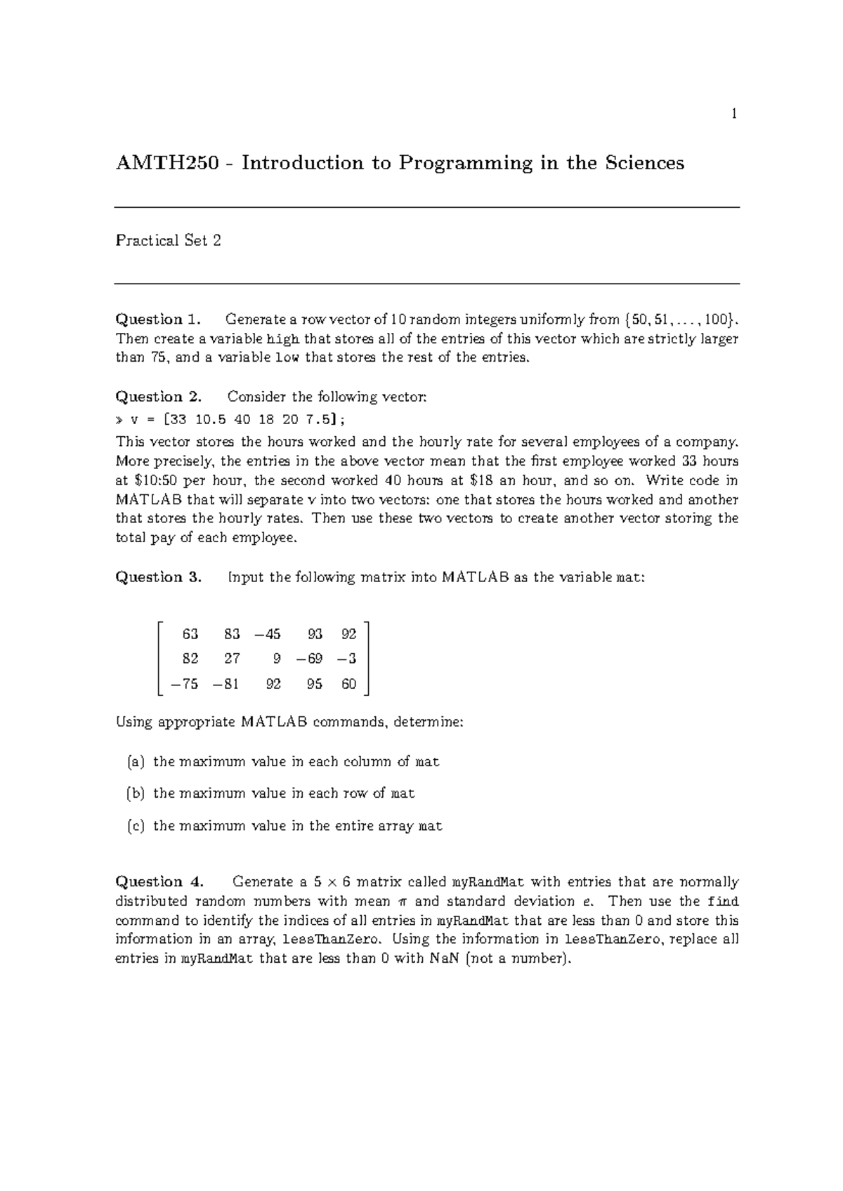 AMTH250 Week 2 Practice Problems for MATLAB Programming - Studocu