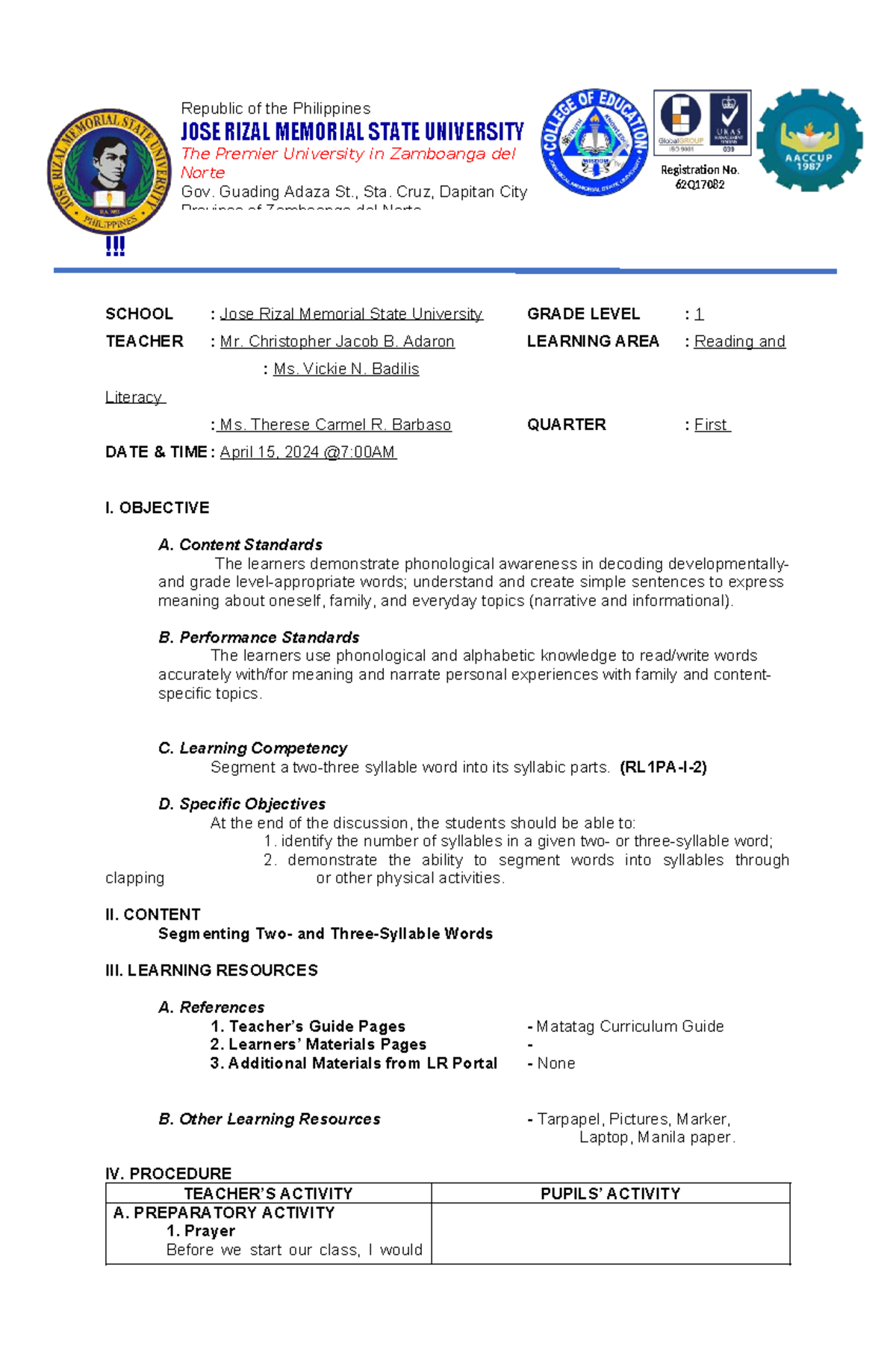 PED109 First Quarter Lesson Plan: Segmenting Syllables - Studocu