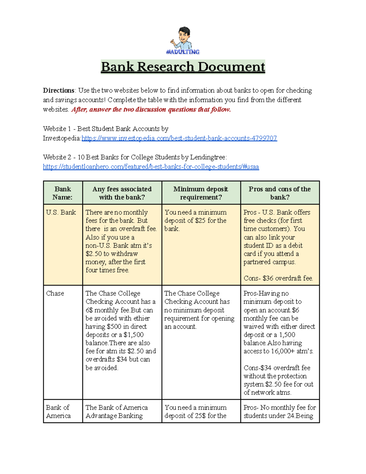 Bank Research for Students: Analyzing Checking & Savings Accounts - Studocu