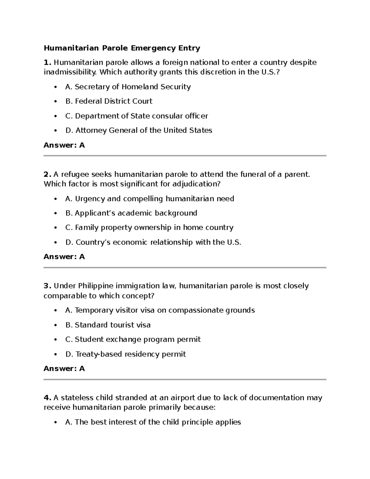 Humanitarian Parole Emergency Entry: Key Concepts and Quiz (Set 31 ...