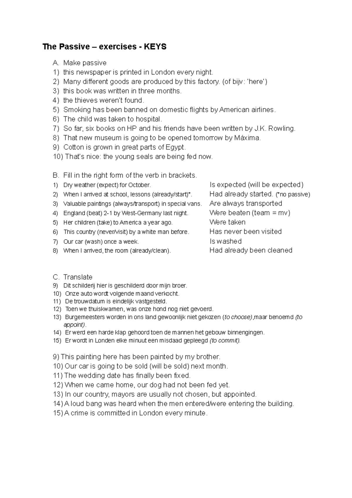 The Passive Exercises Key - Practice & Answers for English Grammar ...