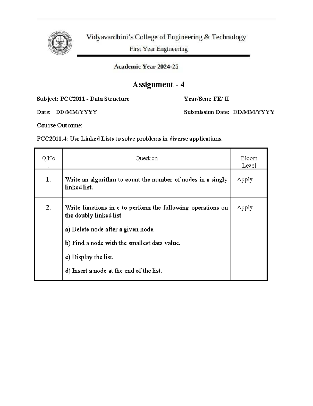 Assignment 4 (Linked list) - Assignment - 4 Subject: PCC2011 - Data ...