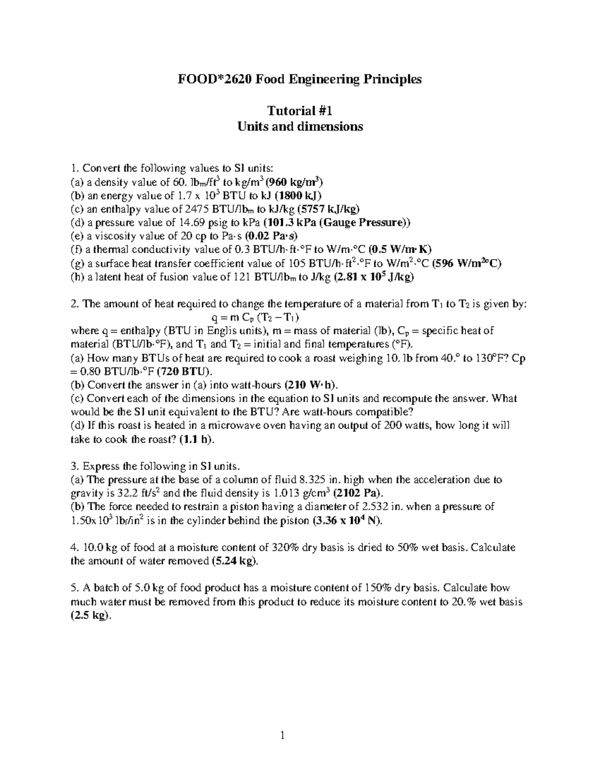 FOOD2620 Tutorial 1: SI Unit Conversions and Heat Calculations - Studocu