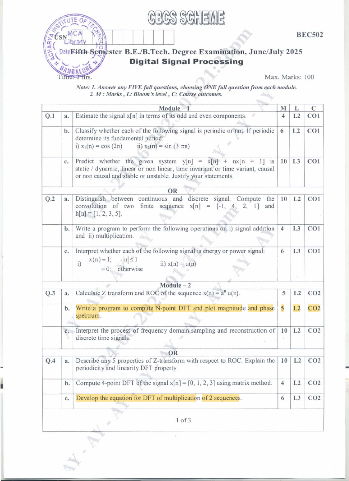BEC502 Digital Signal Processing Final Exam Question Paper 2025 - Studocu