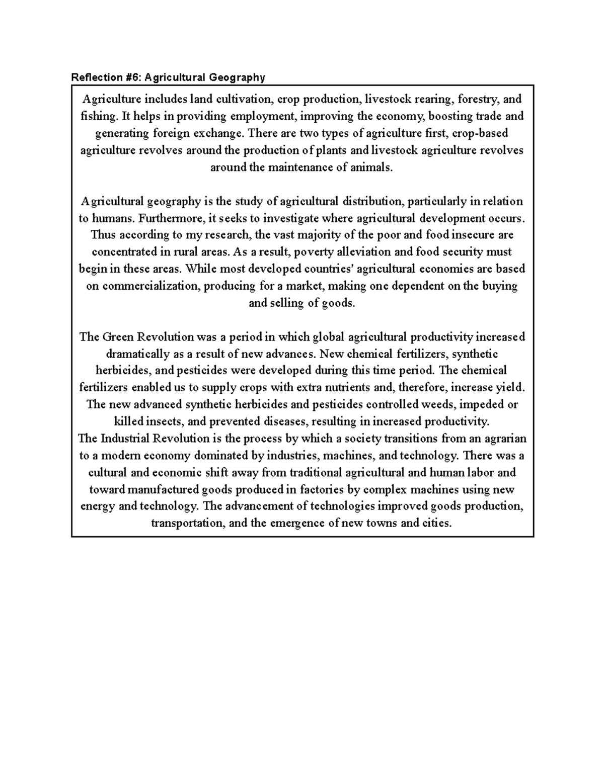 SSE Ref #6 - Reflection on Agricultural Geography Insights - Studocu