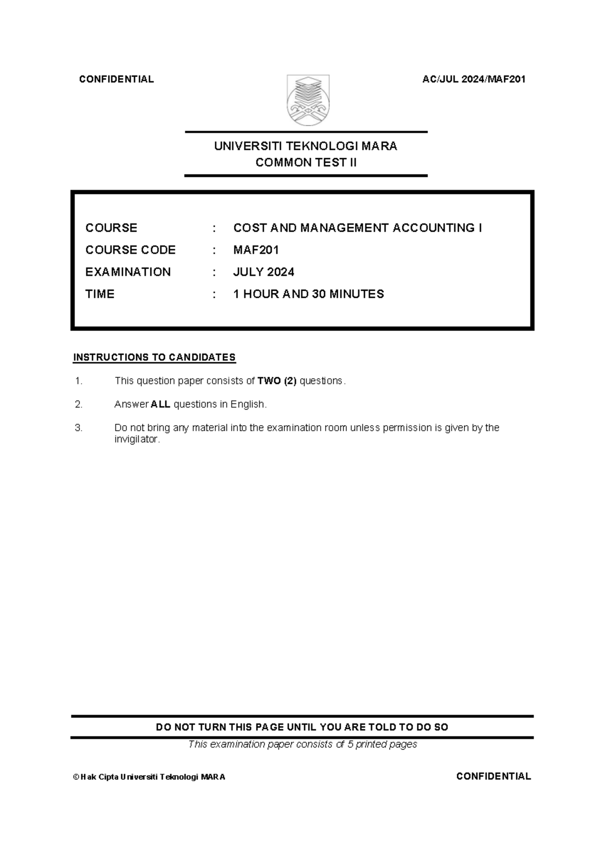 Common Test II MAF201 Cost & Management Accounting July 2024 - Studocu