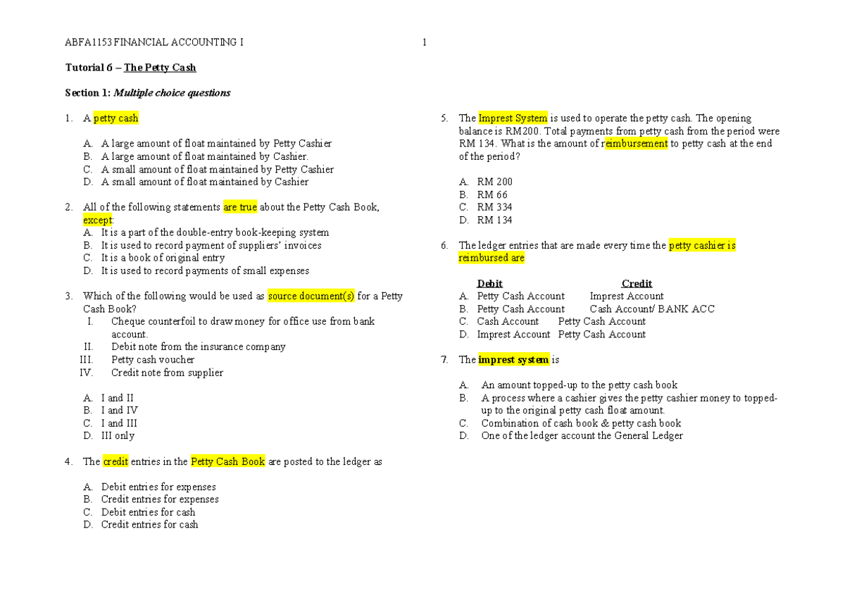 T6 ABFA1153 Tutorial 6: Petty Cash Management and Transactions - Studocu