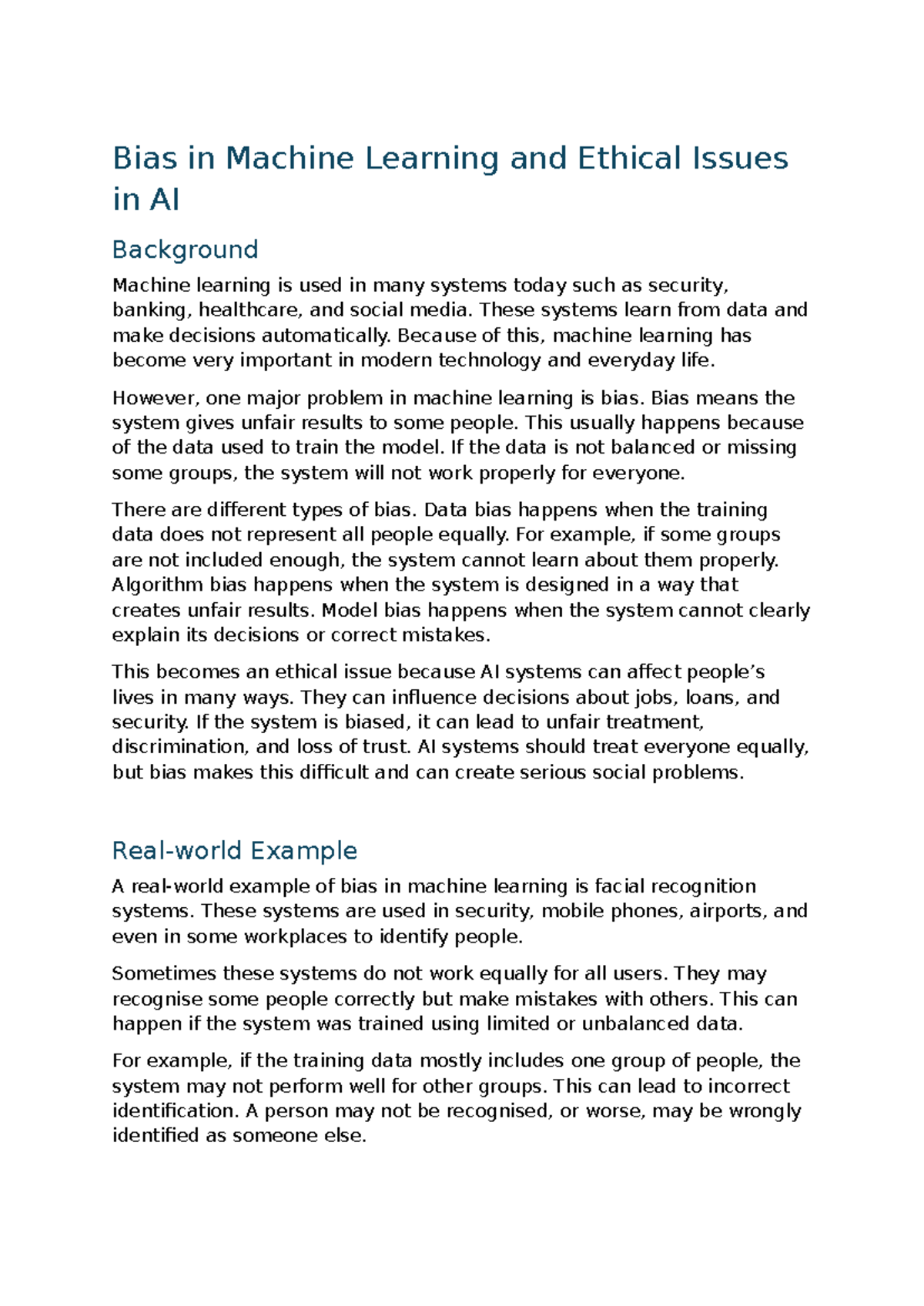 Bias in Machine Learning: Ethical Issues and Solutions (Assignment 1 ...