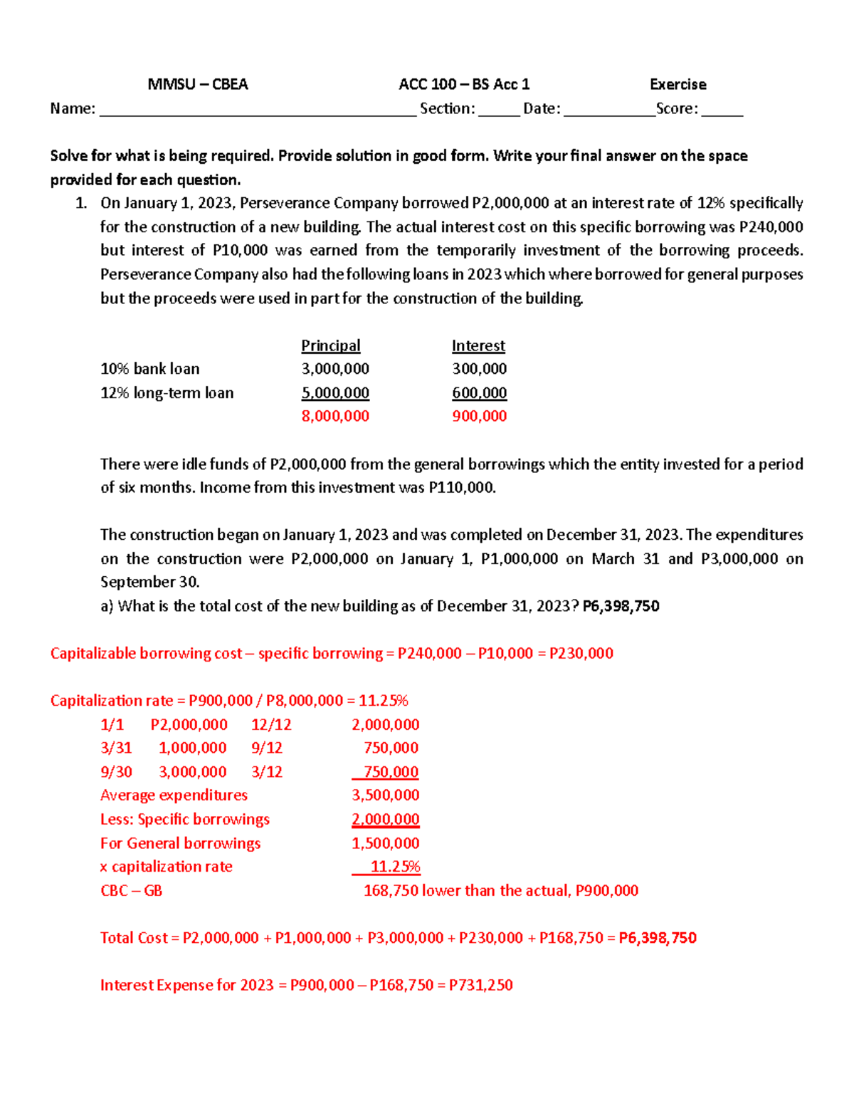 MMSU CBEA ACC 100 BS Exercise: Building Cost Calculation 2023-2024 ...