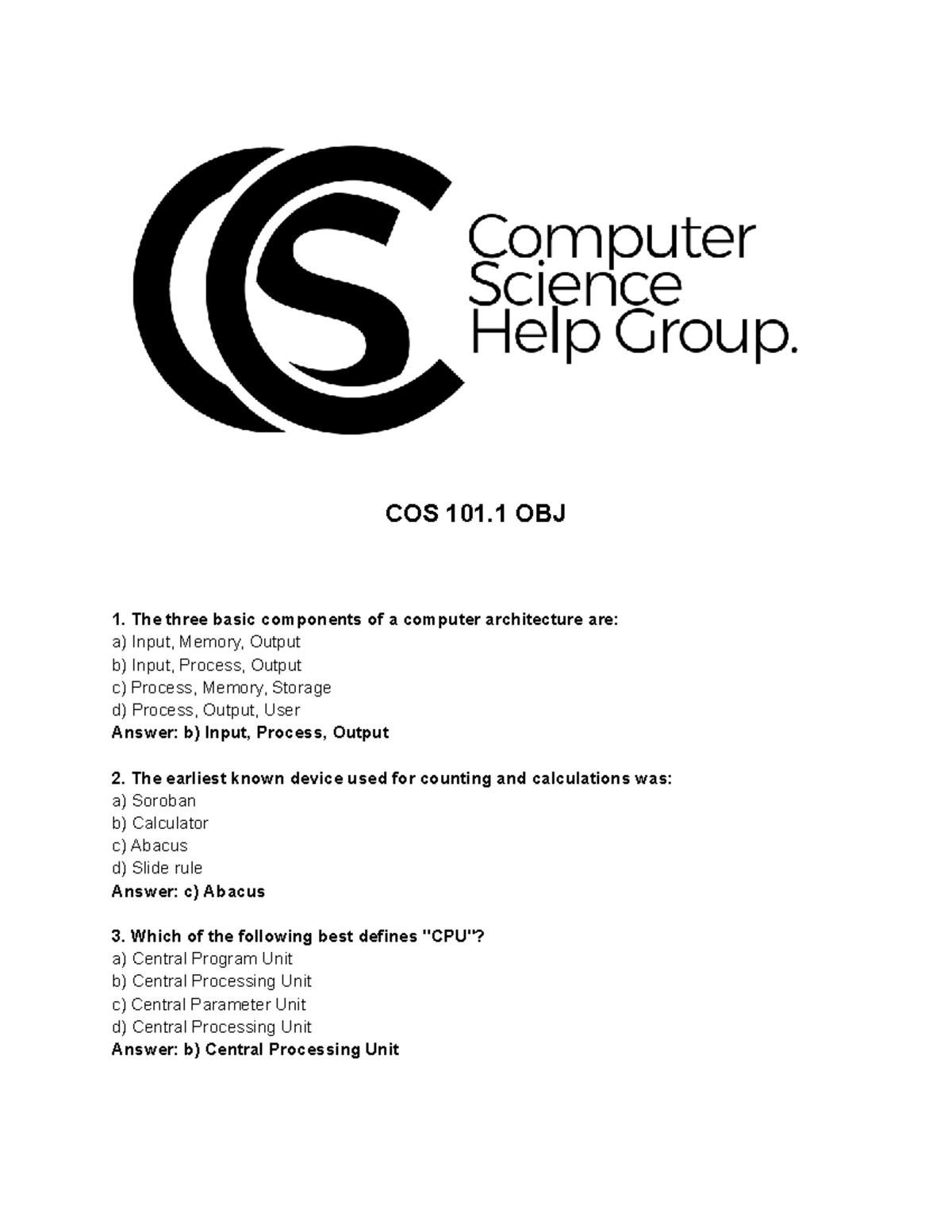 COS 101 - Past Questions on Computer Architecture and Systems - Studocu