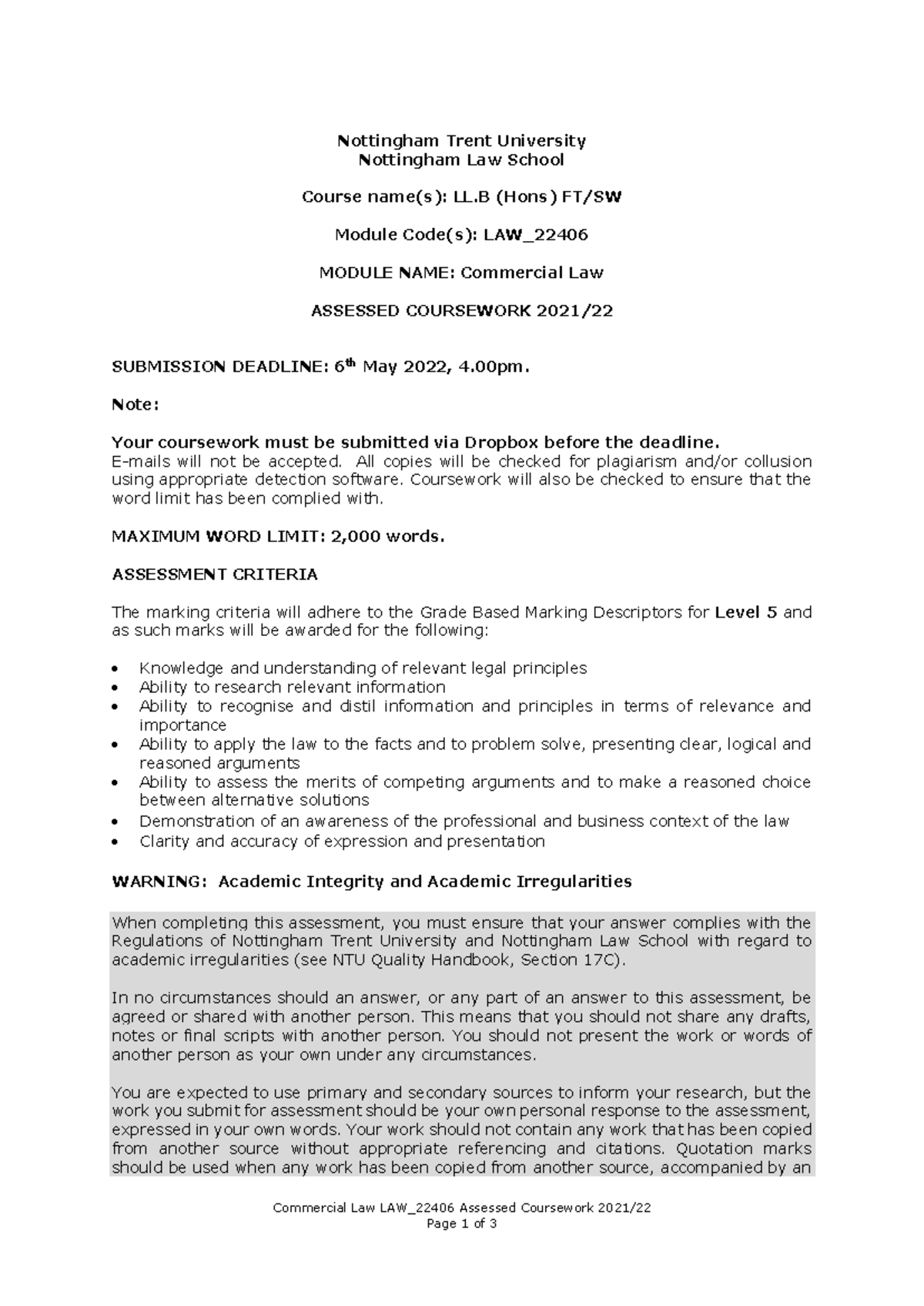 Commercial Assesed Coursework Question - Commercial Law LAW_22406 ...