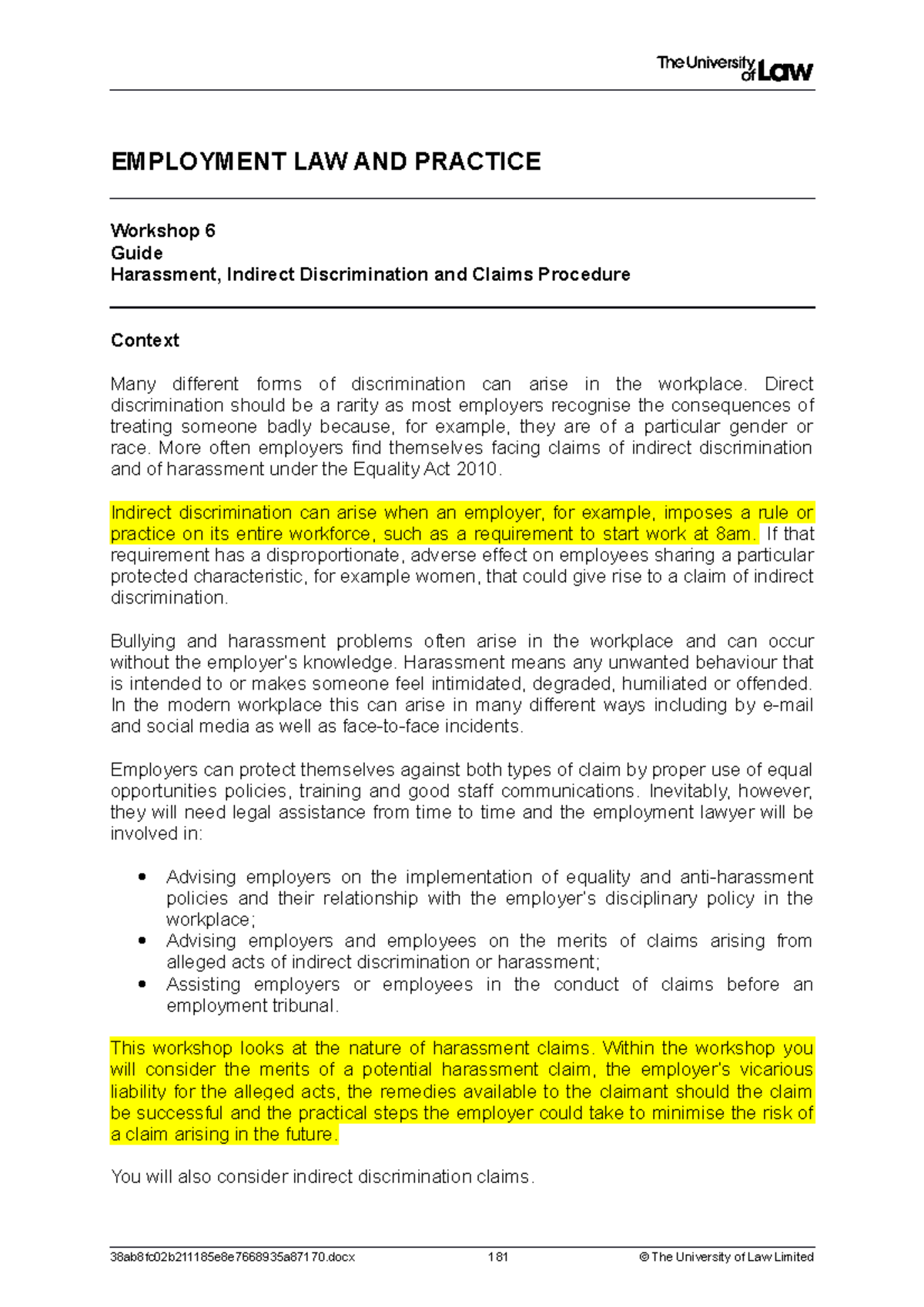 Employment Law Workshop 6: Harassment and Indirect Discrimination ...
