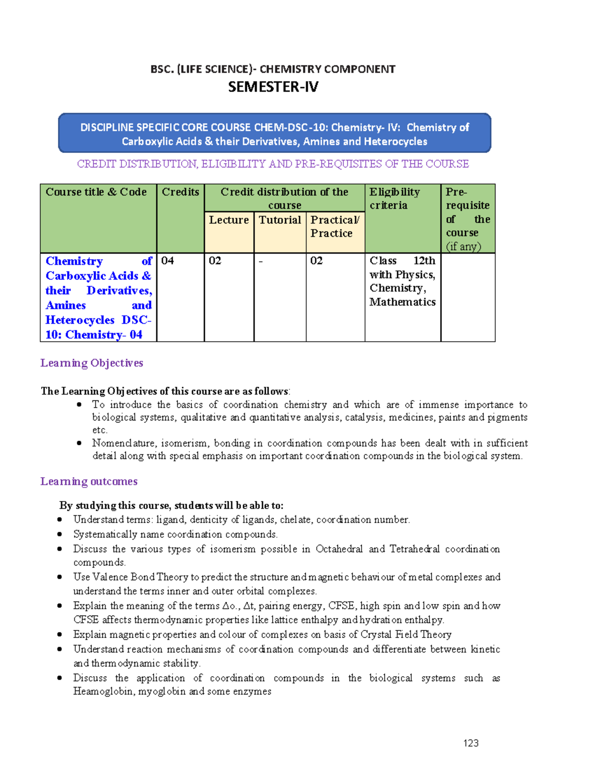 BSC Life Science Semester IV Syllabus: Core Chemistry and Zoology ...