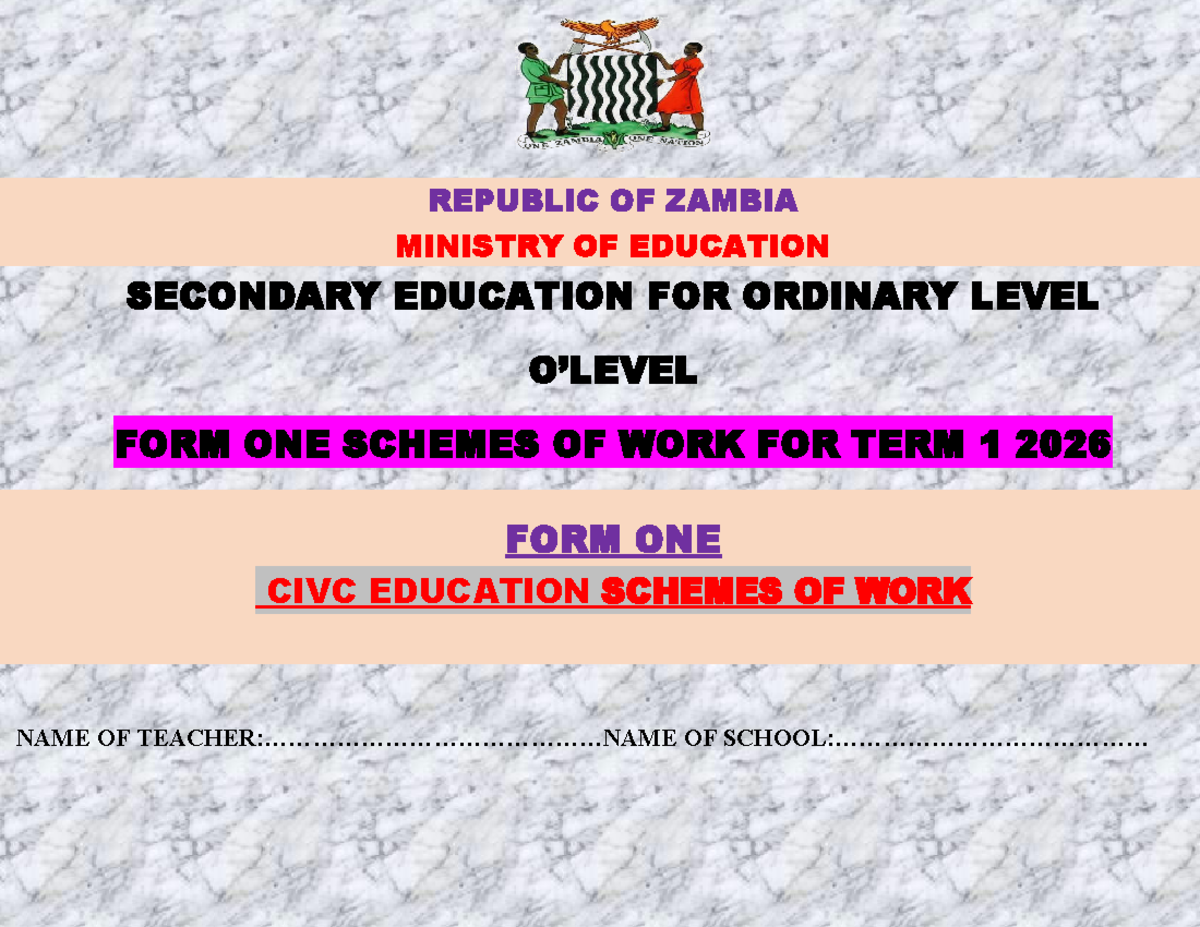 CIVIC EDUCATION SCHEMES OF WORK FOR FORM ONE TERM 1 2026 - Studocu