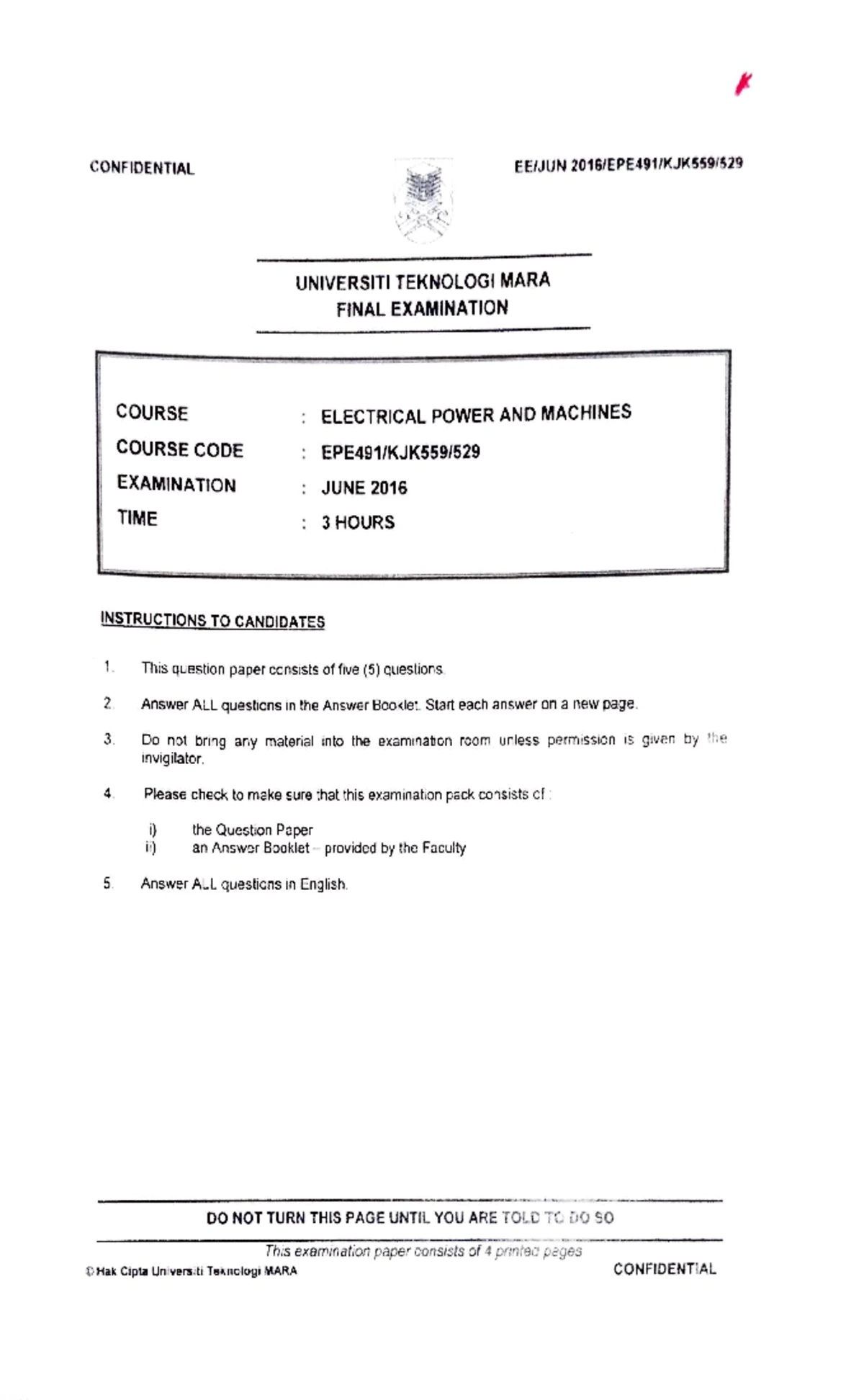 EPE491 - Final Exam Paper for Electrical Power and Machines, Feb 2023 ...