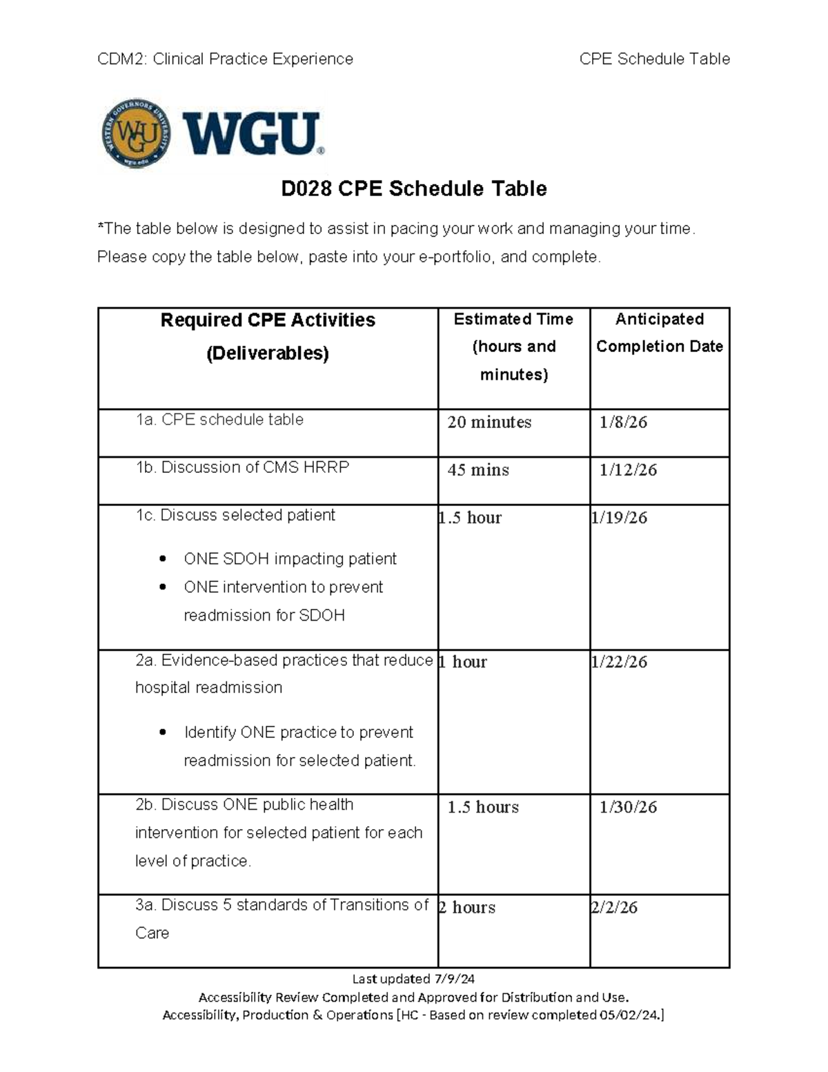 CDM2: CPE Schedule Table for Clinical Practice Experience D028 - Studocu