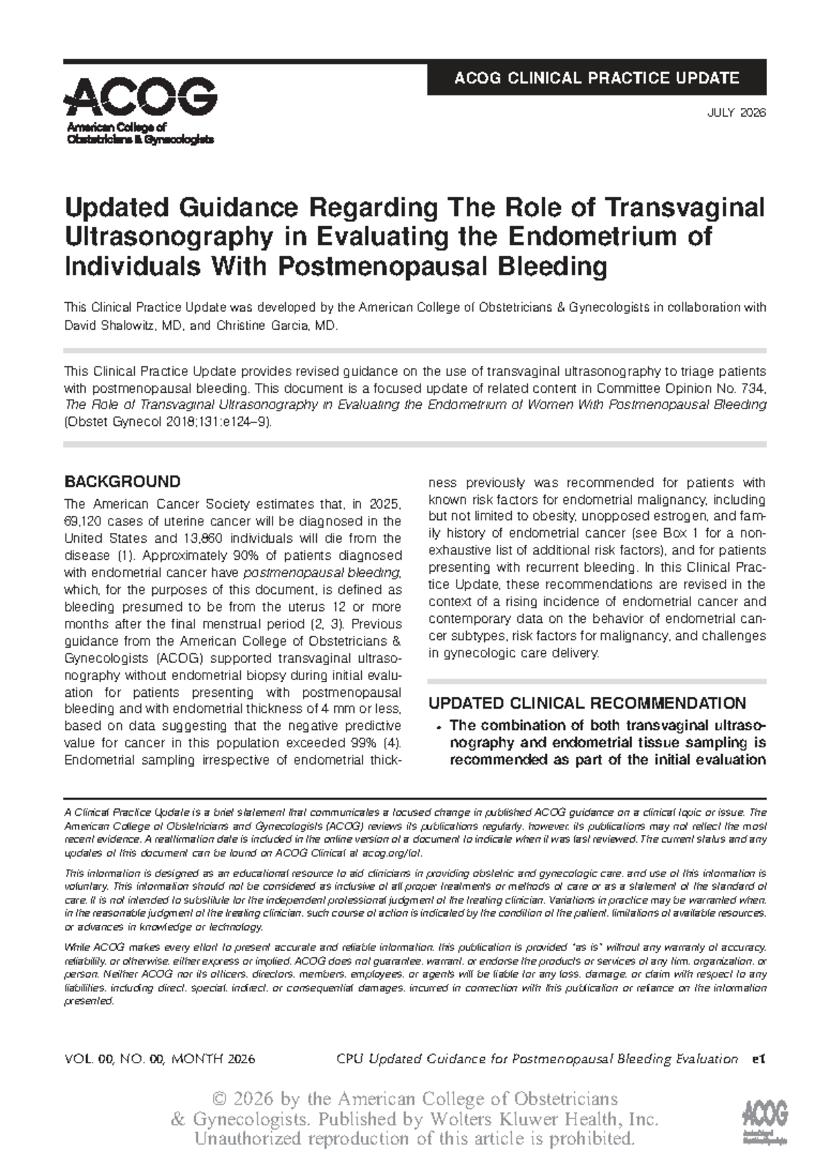 ACOG Clinical Practice Update: Transvaginal Ultrasound for ...