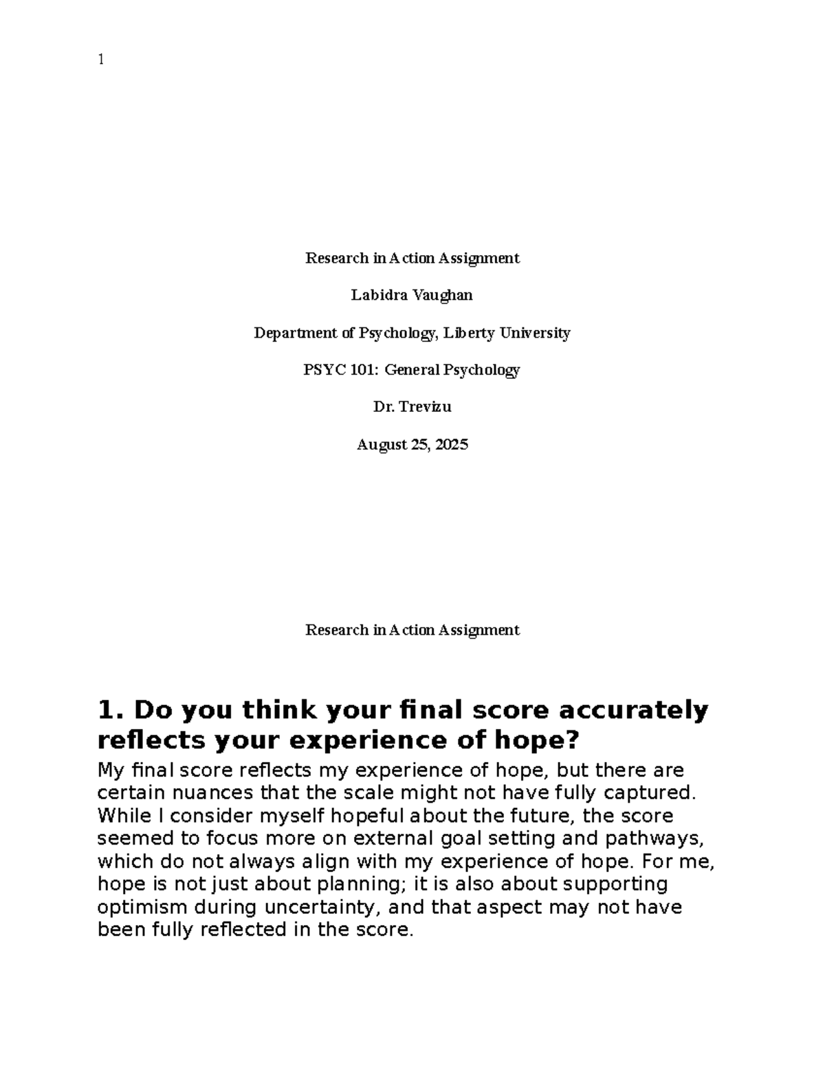 PSYC 101: Research in Action Assignment on Hope Dynamics - Studocu