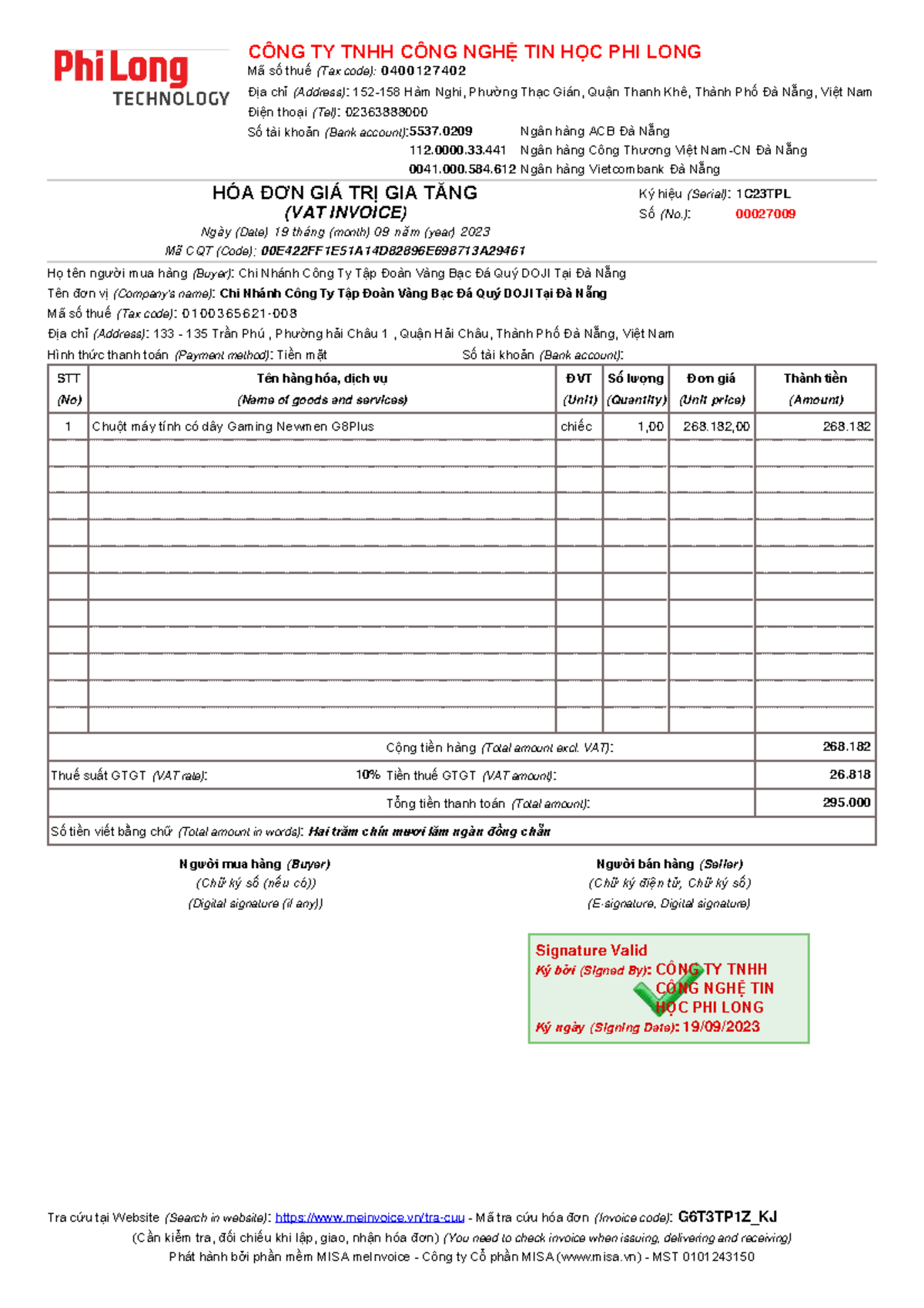 1C23TPL VAT Invoice No. 00027009 for Phi Long Technology Co. - Studocu
