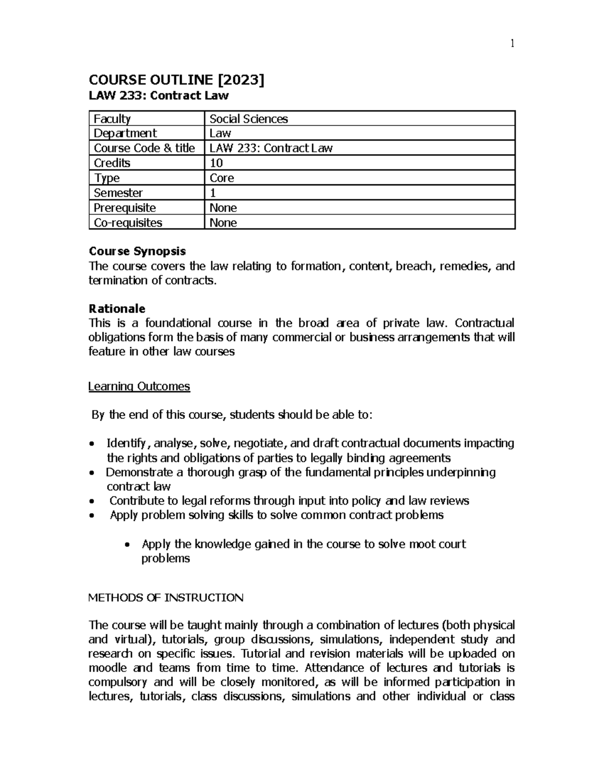 LAW 233: Contract Law Course Outline & Learning Outcomes [2023] - Studocu
