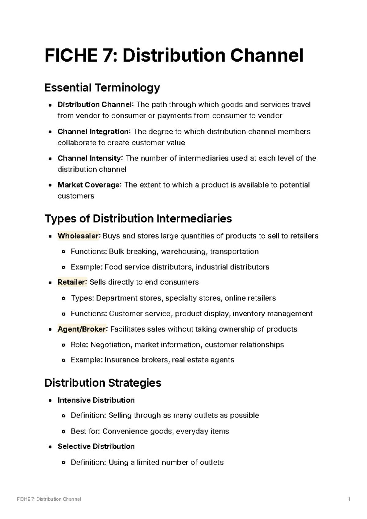 FICHE 7: Key Terms and Strategies in Distribution Channels - Studocu