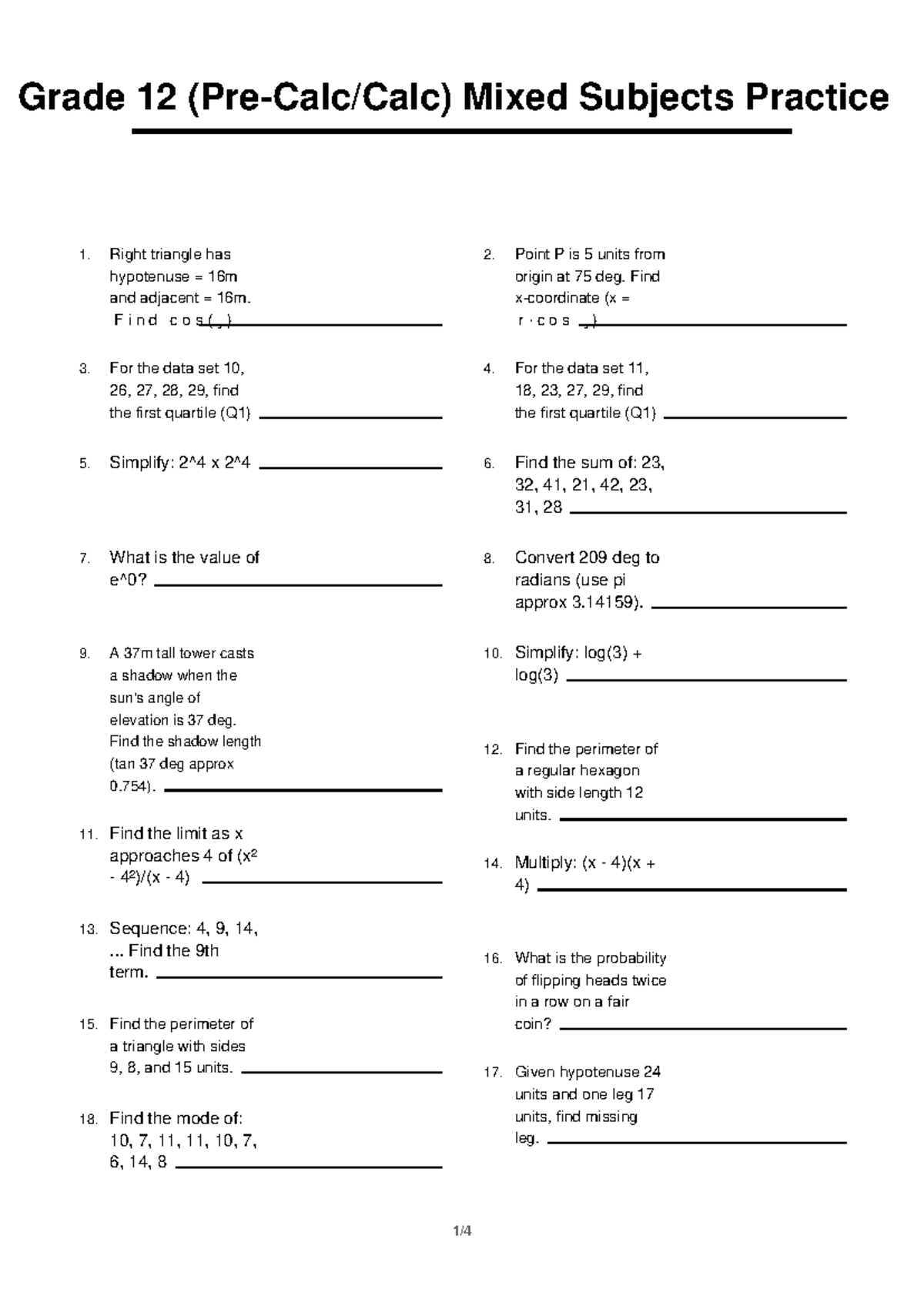 Grade 12 Math (Calc) Mixed Subjects Practice 2 - Studocu