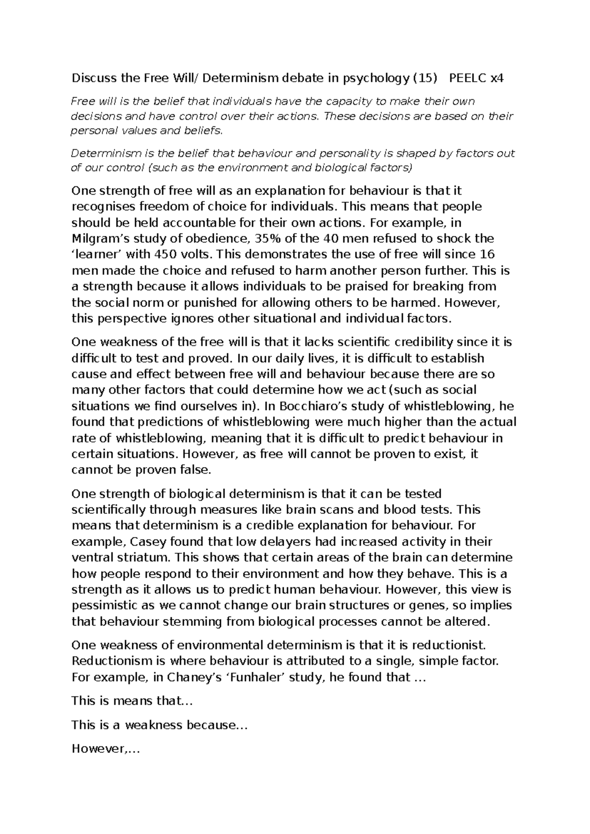 Free Will vs. Determinism & Reductionism vs. Holism in Psychology (15 ...
