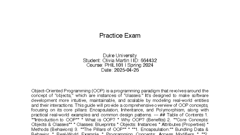 PHIL101 Spring 2024 Practice Exam: OOP Concepts Overview - Studocu