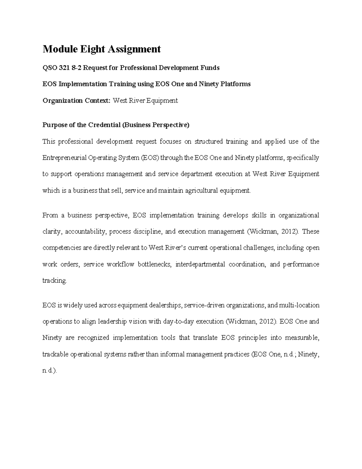 QSO 321 Module 8 Assignment: EOS Implementation Training Request - Studocu