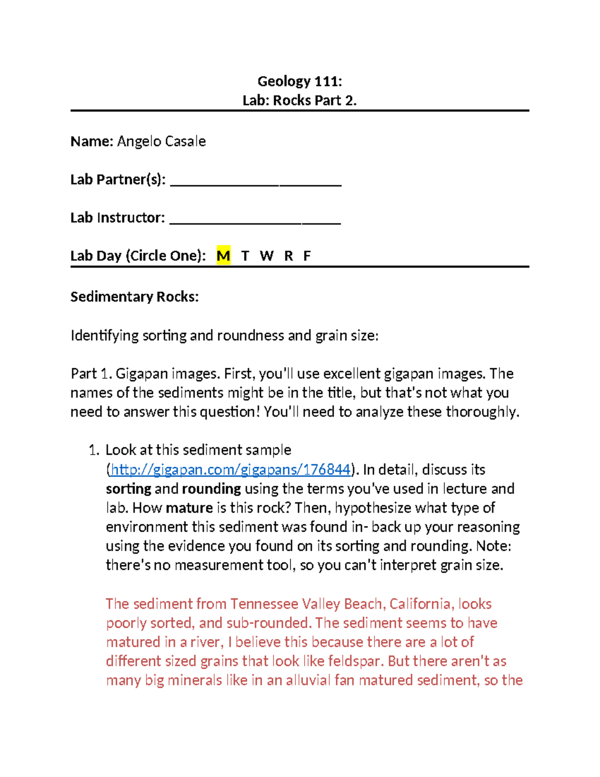 Lab Rocks Part 2 (Sed) - Geology 111: Lab: Rocks Part 2. Name: Angelo ...