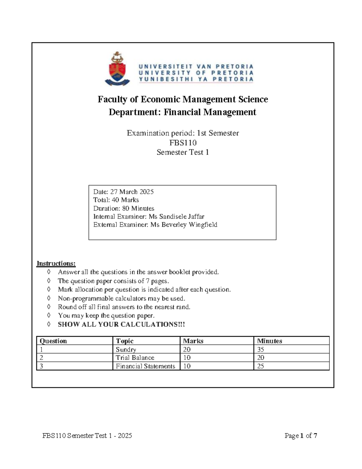 Semester Test 1 FBS110: Financial Management Exam Paper 2025 - Studocu