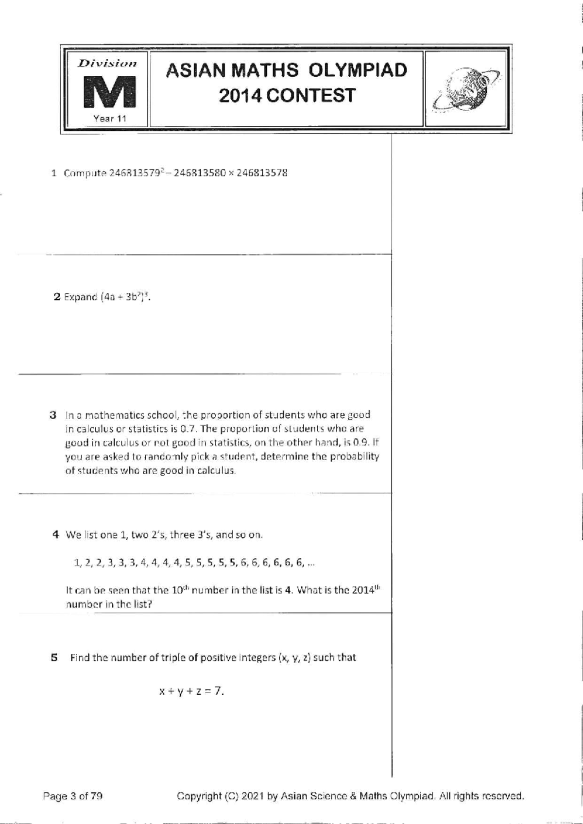 ASIAN MATHS OLYMPIAD 2014 CONTEST Year 11 Solutions and Problems - Studocu