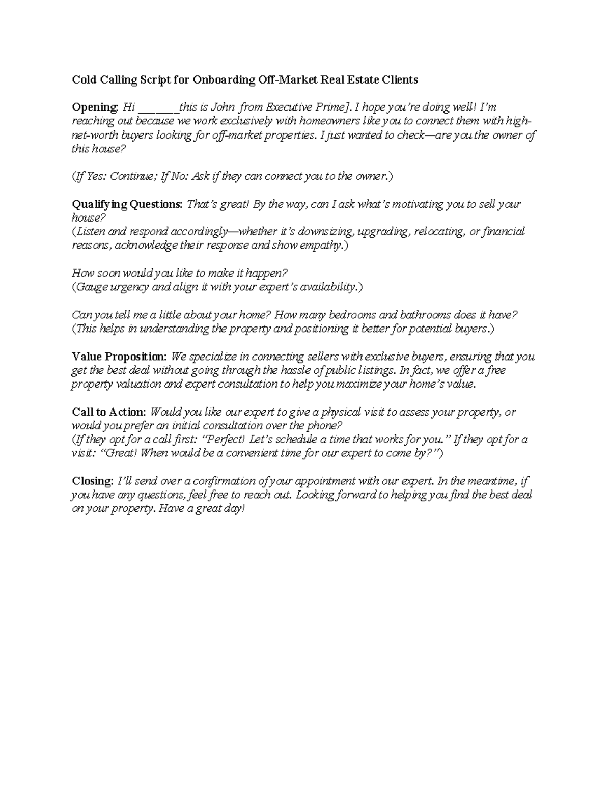 Cold Calling Script for Onboarding Real Estate Clients - EXE 101 - Studocu