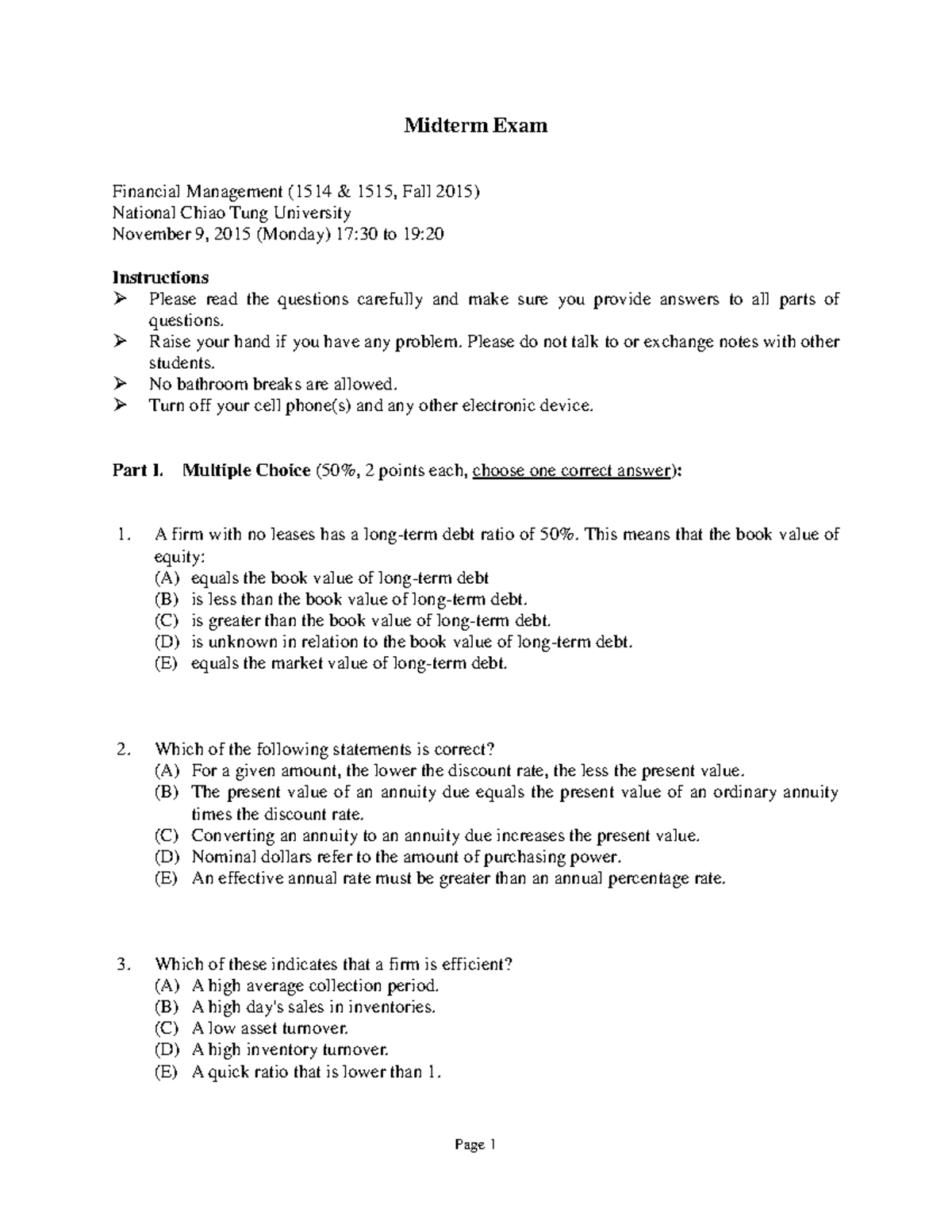 2015 Quiz 2 - test - Midterm Exam Financial Management (1514 & 1515 ...
