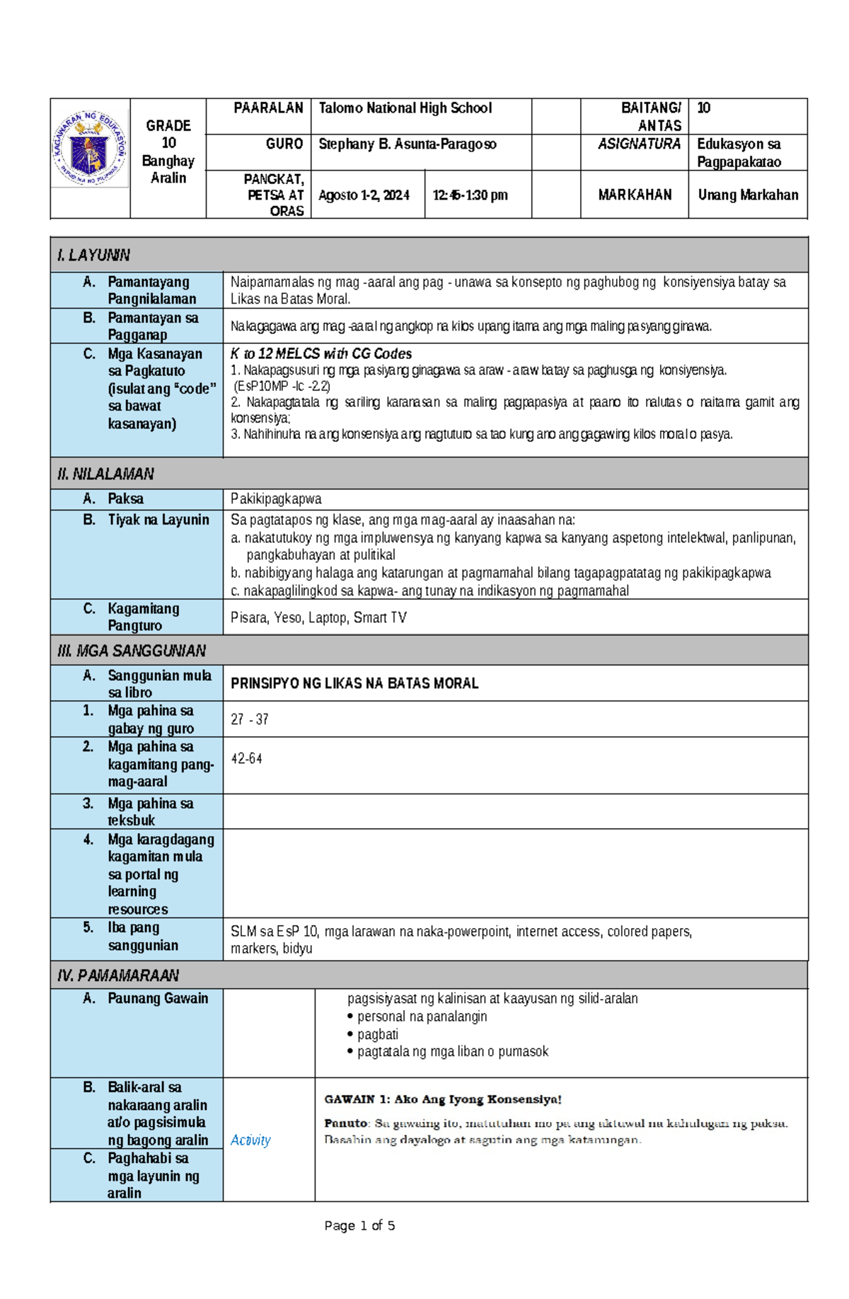 Lesson Plan in Edukasyon sa Pagpapakatao 10-Q1-M3 - Studocu